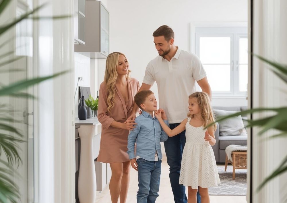Familie freut sich in neuer Wohnung