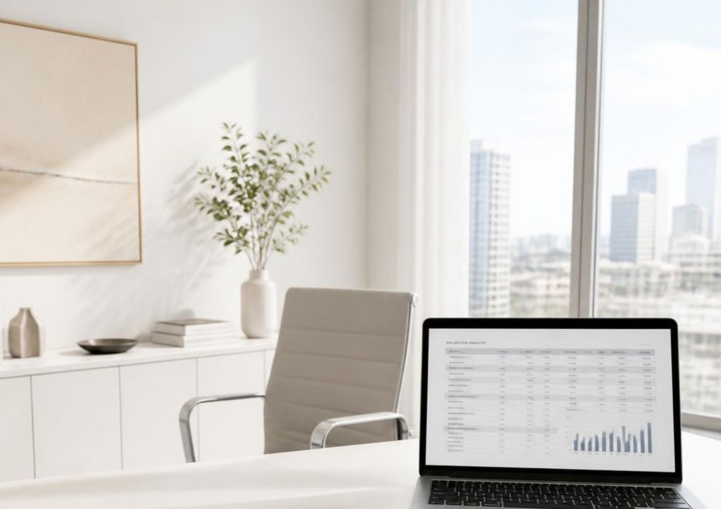 Helles Büro mit Laptop und Stuhl