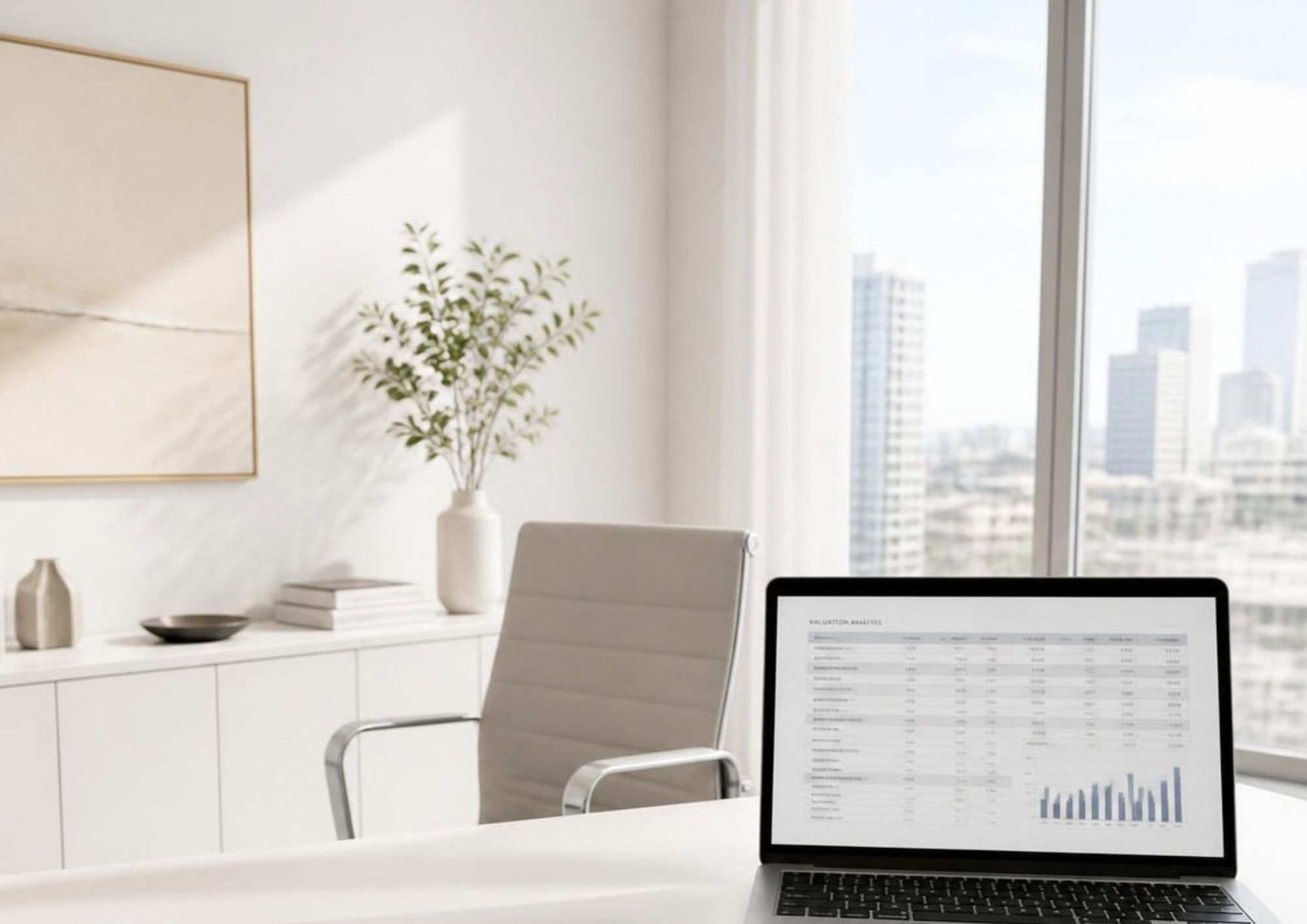 Helles Büro mit Laptop und Stuhl